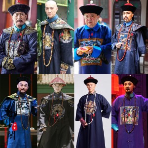 Qizhuang Qing dynasty official attire, including the chaofu, pifu, mangu, guanmao, hualing, and fuzhu