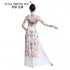 Women Chinese Dance Wear Printing Qipao Mesh Long Sleeve Cheongsam Dresses Classical Dancer Practice White Long Skirt Loose Pant