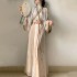 3Pc WeiJin Dynasty Beige Women Hanfu Dresses Set Improved Chinese Wide Sleeve Coat Soft Shirt Vintage Flower Printed Skirt