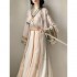 3Pc WeiJin Dynasty Beige Women Hanfu Dresses Set Improved Chinese Wide Sleeve Coat Soft Shirt Vintage Flower Printed Skirt