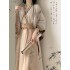 3Pc WeiJin Dynasty Beige Women Hanfu Dresses Set Improved Chinese Wide Sleeve Coat Soft Shirt Vintage Flower Printed Skirt